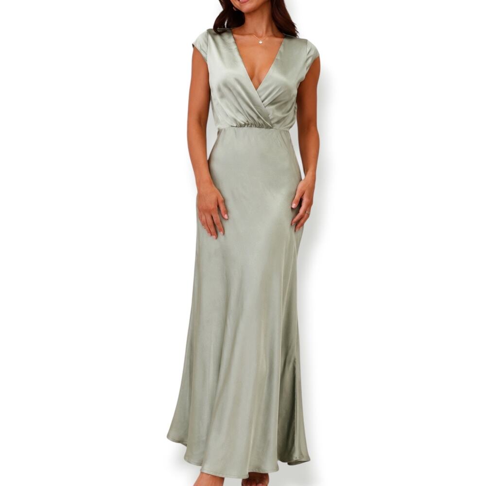 Billy J Selma Sage Green Satin Maxi Dress‎ Bridesmaid Wedding Guest Formal Gown